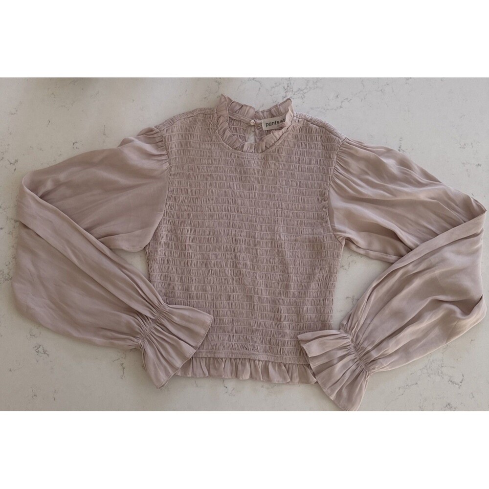 Pants Store Women’s Smocked Ruffle Mock Neck Blouse Bishop Sleeve Dusty Rose- S